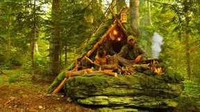 Building a Survival Shelter in a Forest - Camp food - Eating on stone - Camping alone with dog