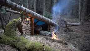 2-days alone deep in the wild forest. Build Shelter with cut wood logs. Rain. bushcraft Skills