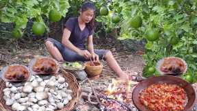 Shells grilled in the ground and Natural orange for food in jungle - Survival cooking in forest