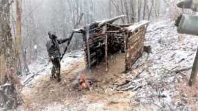 Winter Camping - Build Bushcraft Shelter, Survival Skills, Off Grid Tiny House, Log Cabin, Diy, Asmr