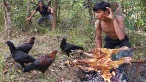 Survival in forest: Catch a lot chicken in jungle with boy - Grilled chicken tasty for Eat with boy