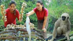 Survival skills- womans found fish at mountain for cook -Eating delicious