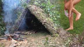 Build Tent Shelter In Forest - Skills Many Living Off Grid, Cooking Survival