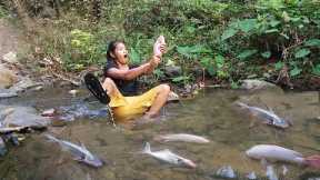 Fresh fish in river for food in jungle - Cooking fish for dinner - Solo cooking in forest