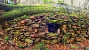 7 Days Solo Survival Camping, Building Warm Bushcraft Shelter and Fireplace - STONE HOUSE - Cooking