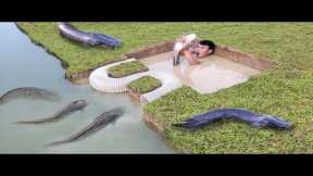 Amazing Fish Trap In The Deep Hole - Making an Underground Fish Trap System Using PVC Pipe