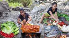 Top Survival Skills Cooking | Grilled Meat On The Rock | Fresh Shrimp with Mushroom spicy delicious
