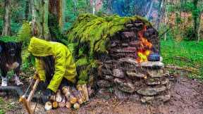 7 Days SOLO SURVIVAL CAMPING In HEAVY RAIN, Building Warm BUSHCRAFT SHELTER with Fireplace, Cooking