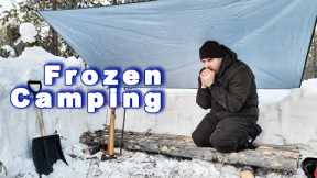Building Primitive Tarp Shelter in the Cold Winter Forest | Survival Skills | Outdoor Cooking