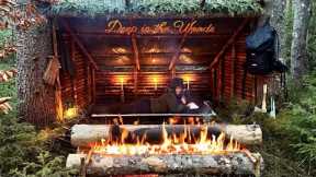 Build Alfresco Shelter with Long log fire | Bushcraft overnight trip alone | Survival skills | ASMR
