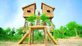 Survival Girl Living Off Grid, Building Two Tree House Contiguous on Tree, Sleeping House, Kitchen