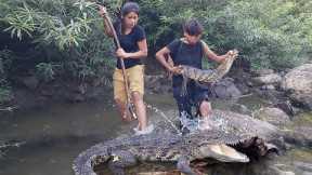 Adventure in forest: Found and catch wild crocodile for food - Cooking crocodile for dinner