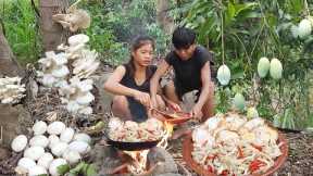 Find meet mushroom and egg for food - Cooking duck egg with mushroom & Eating delicious in jungle