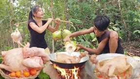 Survival cooking in forest: Chicken soup with Coconut water for food, Eat with younger brother