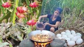 Pick dragon fruit Catch frog and egg for food - Egg spicy cooking with frog Eating in jungle