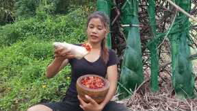 Adventure solo in forest: Wild bamboo shoot with hot salt chili for delicious food in jungle