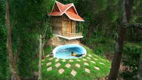 Survival Girl Living Alone Building A House Wooden Villa and Mud Roof on Underground Swimming Pool