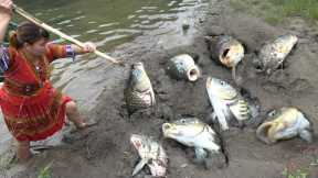 Survival Skills Primitive: Girl Discovers Many fish rose up in mud puddle, Fishing underground