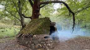 Building Complete And Warm Rock Survival Shelter With A Knife, Bushcraft Survival Skills, Fireplace