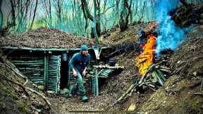 Bushcraft building complete dugout survival shelter, winter forest primitive stove, wood roof