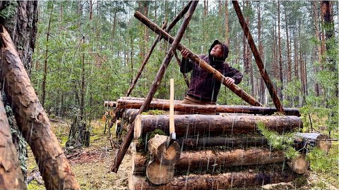 Building Wooden Cabin Off the Grid for Survival under Rain | Without Words | Start
