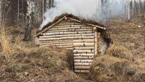 Building a Bushcraft Log Cabin for Survival in the Woods, Forest Life Off the Grid