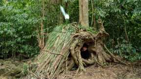 Build a secret survival shelter inside a strange fallen tree, egg sandwich. Bushcraft Camping