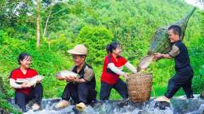 Dwarf family Happy life: Make traps to catch stream fish - Fish dishes - Primitive joy.