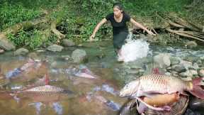 Survival in rainforest, Catch & cook, Fish egg hot chili grill on rock So delicious food for dinner