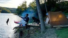 3 DAYS solo survival CAMPING; Catch and Cook, Primitive Fishing. Bushcraft Skills. Tent Shelter