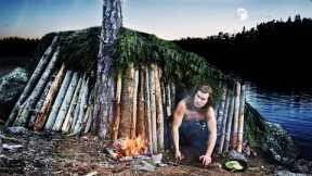 Building a Primitive LOG SHELTER: 3 Day Island Survival Camping