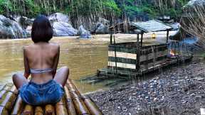 Build a Bamboo Survival Raft in the Heavy Rain, fish and spend the night - bushcraft