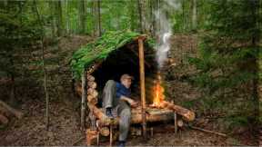 A Cozy Log Cabin for Survival: Bushcraft Shelter Build with Fence, Chairs, and Table Near Water