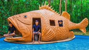 Build Fish House And Swimming pool for Survival Shelter in Jungle