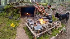 5 Days SOLO SURVIVAL CAMPING; Building Shelter Under BIG Fallen TREE. Quail Cooking. Bushcraft