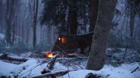 Sleeping Outside and Heavy Snowfall - Winter Survival Shelter in -15°C, Meat on a Wooden Grill