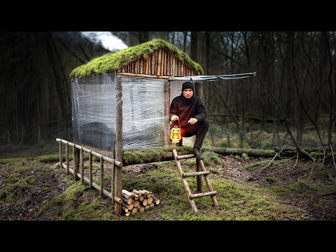 Building a Bushcraft Survival Cabin with a Stove in the Woods | Solo Off-Grid Camping