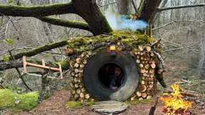 Building a Secret Shelter in UNDER a Large FALLEN TREE. Survival Skills. Bushcraft Camping