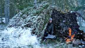 Best WINTER Survival Shelter! Camping Under a Fallen Tree in SNOW