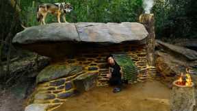 Building a Warm and Cozy Shelter for Survival, under a Large Rock. Secret cave, Bushcraft