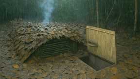Building Secret and warm survival shelter in forest