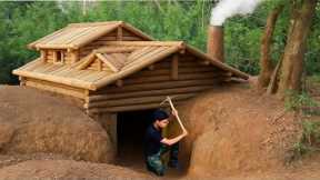 Build a Warm Wooden House Underground for Survival. Secret Bunker, Smoked Fish, Catch and Cook.