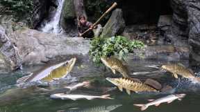 blocking streams, catching fish with leaves, wilderness survival skills, survival alone