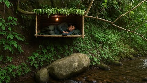 Survival Skills: Tree Shelter, Fishing & Campfire by the Stream