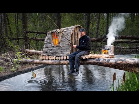 Bushcraft Survival Shelter Over Water | Catch and Cook & Fishing