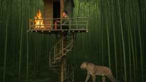 High Survival Shelter with Spiral Stairs and a Fireproof Hanging Stove