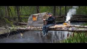 Bushcraft Survival Shelter Over Water | Catch and Cook & Fishing