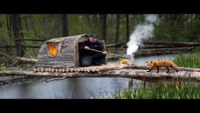 Building a Bushcraft Survival Shelter Over Water | Catch & Cook in the Wild