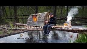 Bushcraft Survival Shelter Over Water | Catch and Cook & Fishing