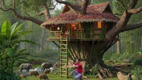 Building a Bamboo Treehouse to Survive in the Jungle and Escape Wild Animals